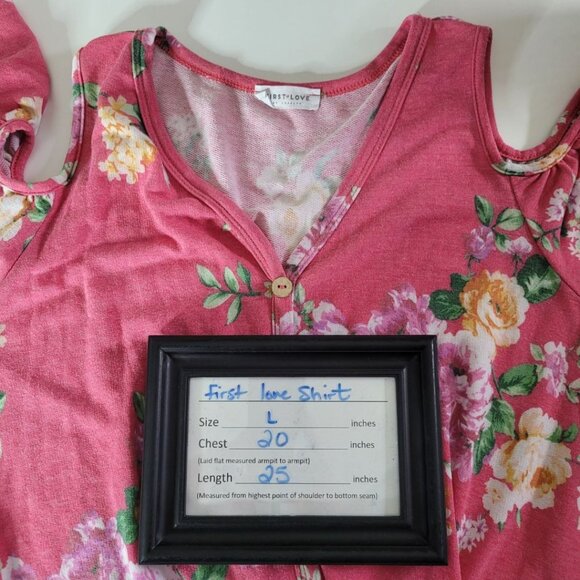 First Love Pink Floral Cold Shoulder Lovely  Button Tie Front Womens Large - Picture 6 of 10